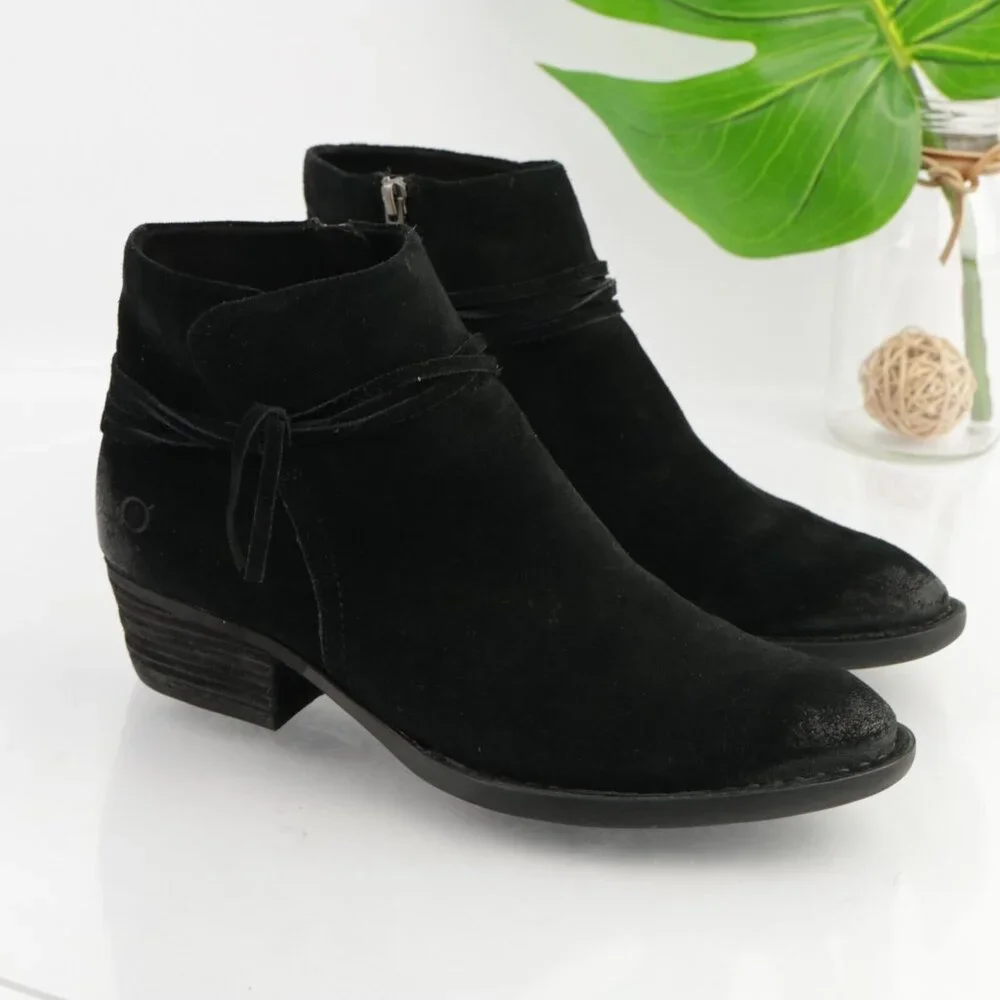 Born Womens Isobelle Boots Size 10 Black Suede Distresed Booties Low Heel Fringe